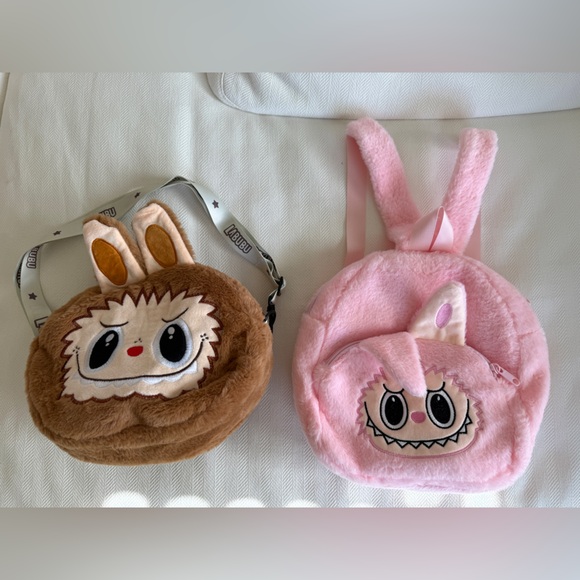 Labubu Plush Backpack & Matching Crossbody Purse Set – Pink & Brown – lots of 2